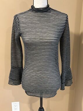 Pink Totto striped Black & White Mock Neck Ruffle Sleeve Top